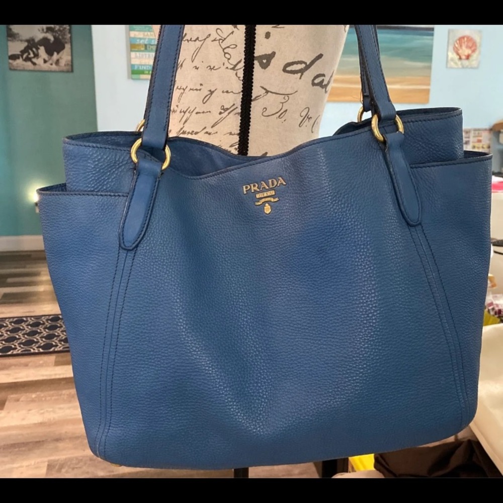 Authentic Prada Blue Soft Calf Leather Shoulder Bag